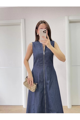 Cvs Giyim Jeans Kot Önü Tam Fermuarlı Kadın Uzun Elbise - Mavi Mavi