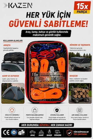 Kazen 15X Parça Spanzet Bagaj Lastiği Gerdirme Halat + Kayış Seti