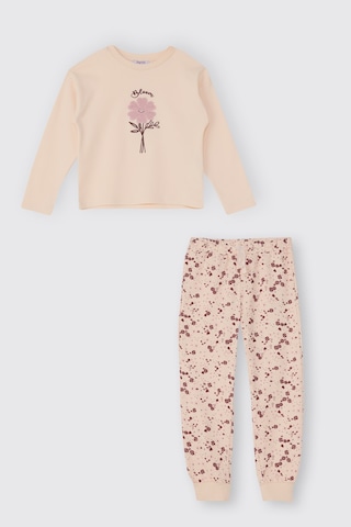 Panço Kız Çocuk Çiçek Desenli Bej Pijama Takımı Krem