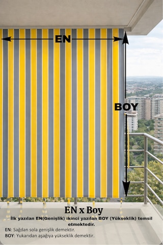 Sarı-gri Balkon Perdesi Kornişli Bağcıklı Su Geçirmez Dış Mekan Dayanıklı Modern Balkon Brandası