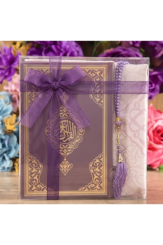 Hediyelik Kuran-ı Kerim, İnci Tesbih, Seccade, Asetat Kutulu 25x18 Cm Mevlid Paketi- Mor