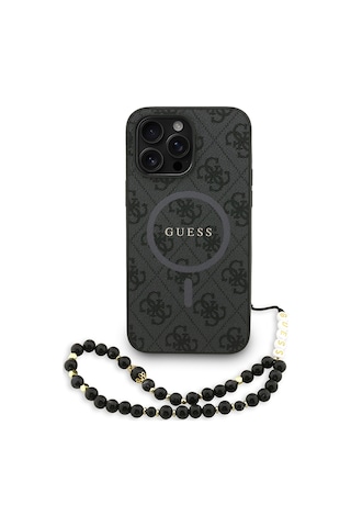 Apple Uyumlu iPhone 14 Pro Max Kılıf Guess Lisanslı M-safe Bilek Askı İpli Yazı Logolu Kapak Siyah