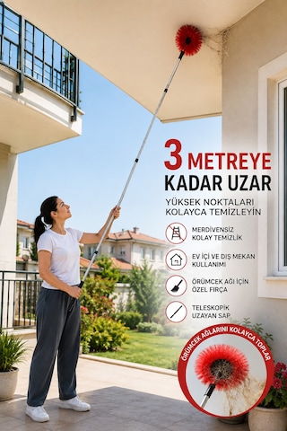 3 Metre Teleskopik Saplı Örümcek Ağı Temizleme Fırçası Seti Ayarlanabilir Uzun Saplı Tavan Duvar Toz Alma Fırçası