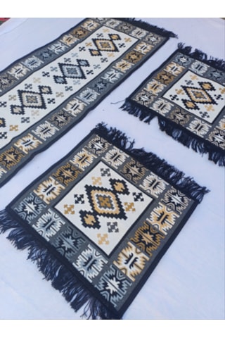 Oto Koltuk Üstü Kilim 45x50cm 50x130cm Gri&siyah&kahve 3'lü Set