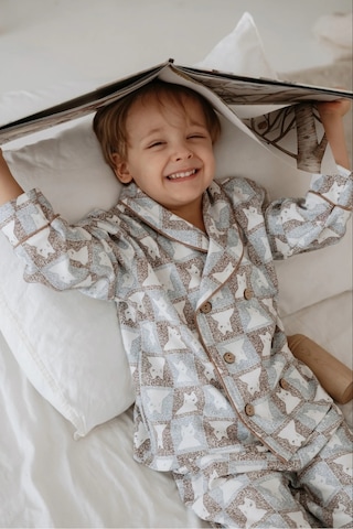 Oh La La Koala Kedi Desenli Yaka Detaylı Çocuk Pijama Takımı Sütlü Kahve