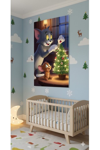 Tom Ve Jerry Yılbaşı Temalı Cam Tablo Çocuk Odası & Salon Dekorasyonu, Dekoratif Duvar Tablosu