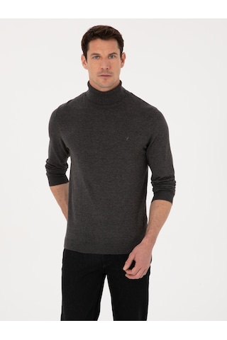 Cacharel Füme Slim Fit Pamuk Karışımlı Balıkçı Yaka Basic Triko Kazak Gri
