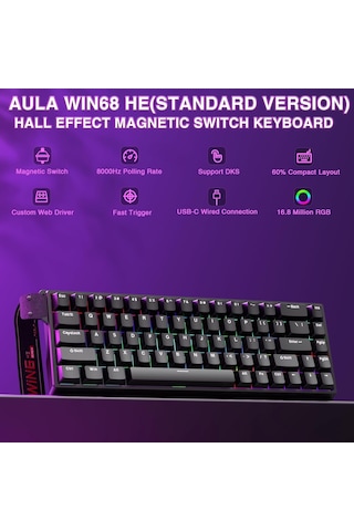 Aula Win68 He Manyetik Klavye Rapid Trigger Graywood Swtich 8000hz Rgb Tkl Hot Swap Oyuncu Klavyesi Siyah
