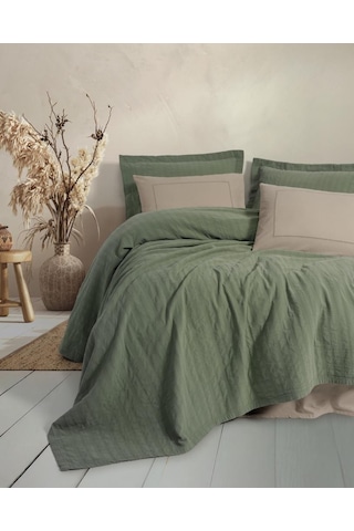 Cotton Box Çift Kişilik Yatak Örtülü Pike Takımı Natura Vilo Yeşil Çok Renkli