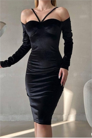 Lior Design Kadın Vintage Kalp Yaka Balık Kesim Uzun Kollu Abiye Elbise Siyah