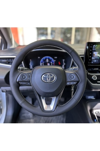 Toyota Corolla 2020-2024 Araca Özel Direksiyon Kılıfı Napa Deri Gri İp Siyah