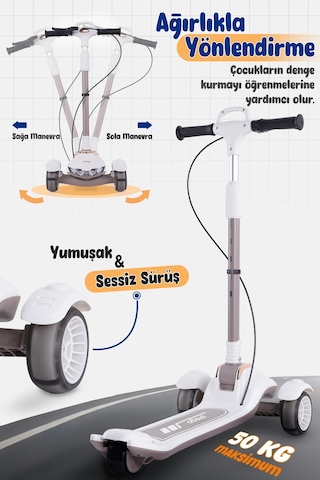 Prego Veyron Bluetoothlu Müzikli Işıklı Çocuk Scooter Katlanabilir - Yükseklik Ayarlı Bej