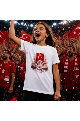 Bk Gift Kişiye Özel Türkiye Taraftar Temalı 2026 Dünya Kupası Tasarımlı Çocuk Tişört-3, Tek Yürek Milli Takım Ruhu Beyaz