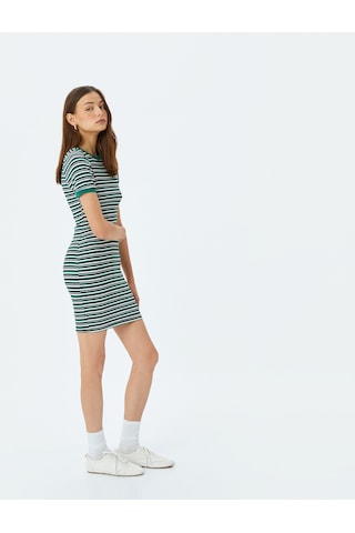 Koton Bisiklet Yaka Kısa Kollu Fitilli Mini Bodycon Elbise Yeşil Çizgili 5sal80042ık Yeşil Çizgili Yeşil