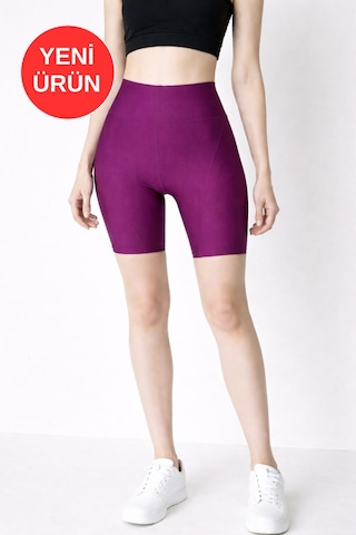 Soft&Basic Kadın Curve İnterlok Kumaş Yüksek Bel Büyük Beden Biker Kısa Şort Tayt Mor