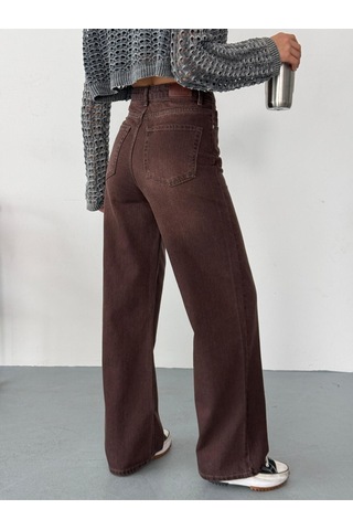 Kadın Kahverengi Taşlamalı Wide-leg Jean Yüksek Bel Geniş Paça Kot Pantolon Kahverengi+wide-leg