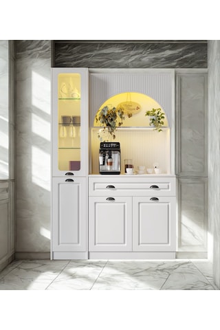 Lureo Nera Arch Sol Vitrinli Kahve Köşesi Led Aydınlatmalı, Komple Mdf Premium Kahve Ünitesi Beyaz