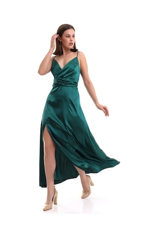 Mois Atelier Yeşil Saten Askılı Yırtmaçlı Uzun Abiye Nikah Elbise Tasarım Büyük Beden Bayramlık Yeşil