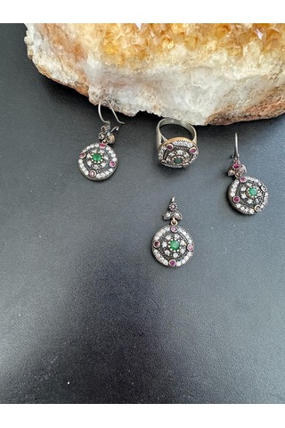 Aysesa Yakut Zümrüt Zirkon Bakır Görünümlü Kadın Gümüş Set