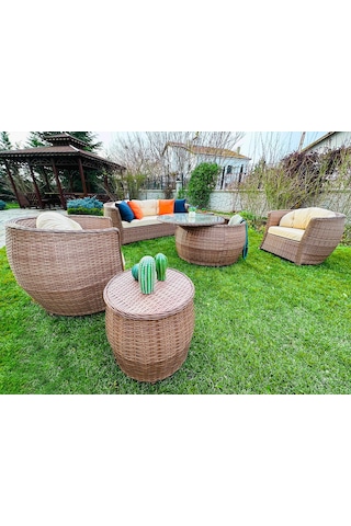 Monalin Home Garden Atlantis 5 Kişilik Rattan Örgü Bahçe & Balkon & Teras Lüks Oturma Grubu Minderli & Camlı & Masalı Lüks Bahçe Takımı Krem