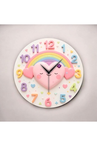 Renkli Baskı Kalp Çocuk Desenli Sayılı Hediyelik Ahşap Sessiz Duvar Saati 50cm ÇOk Renkli