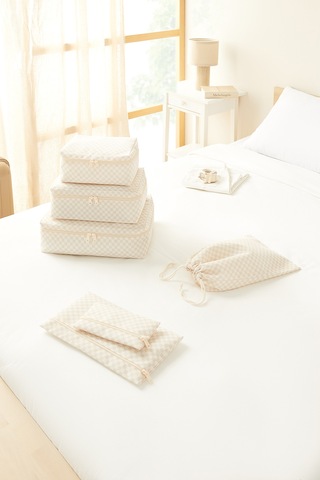 Ocean Home Textile 6'lı Yıkanabilir Bej Dama Desen Pamuklu Bavul İçi Düzenleyici Set Bej