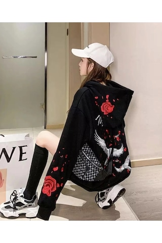Tarzsokak Özel Tasarım Kapüşonlu Fermuarlı Red Rose Baskılı Süper Oversize Kadın Ceket-sweats Beyaz Siyah