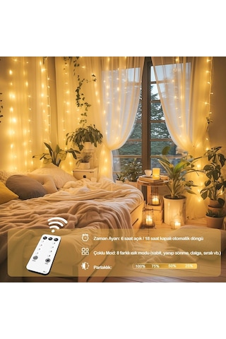 Light Home 300 Led Işık Perdesi 3x3 Metre Sıcak Beyaz Usb Bağlantılı 8 Farklı Işık Modlu Dekoratif Perde Led I Diğer