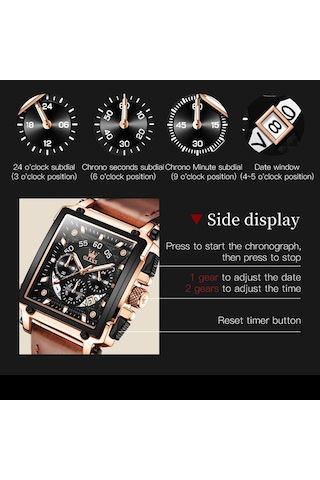 Olevs 9919 Erkekler İçin Kare Kadranlı Kronograf Aydınlık Kuvars Saat Kahverengi Deri Gül Kabuğu Siyah Yüzey