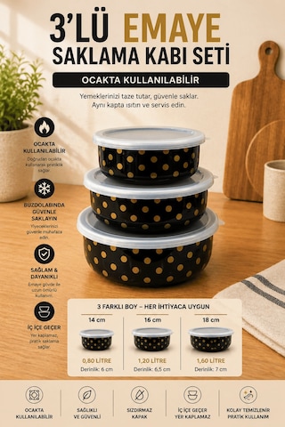3 Lü Emaye Saklama Kabı Seti Kapaklı, Ocakta Kullanılabilir, İç İçe Geçer Gold Puantiyeli Çok Renkli