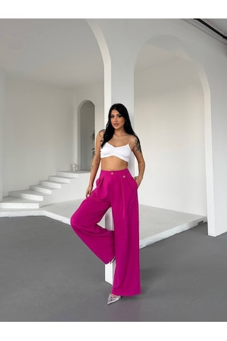 Modadua Yüksek Bel Bol Paça Dökümlü Kumaş Pantolon-pembe Çok Renkli