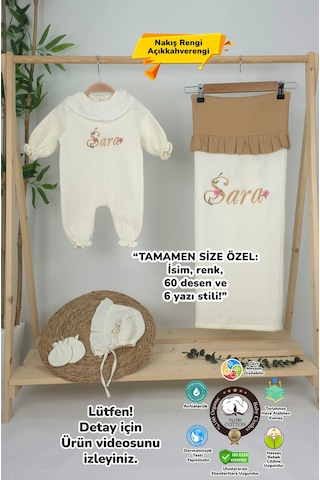 Gros Shop Müslin Yeni Doğan 4katlı Organik %100pamuk Kişiye Özgü Nakışlı Hastane Çıkış Seti Papatya Model-13 Ekru
