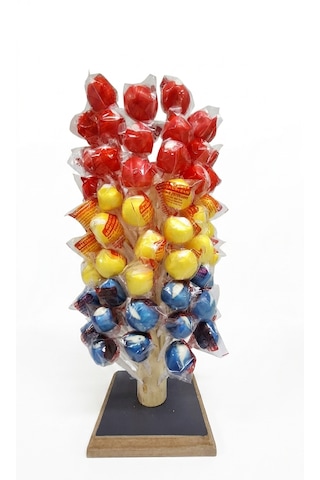 Honey Candy Balcı Şekerleme Top Şeker El Yapımı 100 Adet Ahşap Stant Hediyeli Mavi Kırmızı Sarı Tutti Frutti Çilek Muz Aromalı Lolipop Şeker