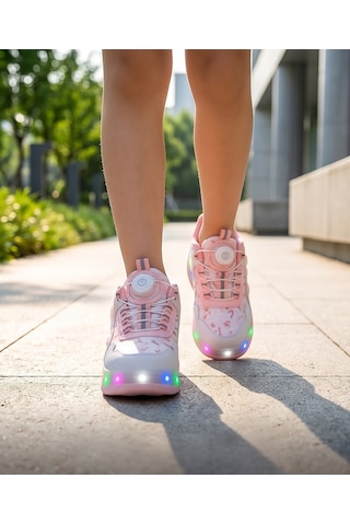 2256-n-drops Led Işıklı Çift Tekerlekli Akıllı Bağcıklı Unisex Çocuk Patenli Ayakkabı Beyaz - Pembe