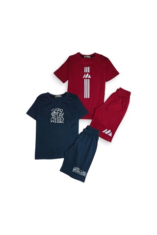 Minik Motion 2'li Set Kısa Kollu Tshirt Ve Şortlu Çocuk Minikmotion Alt Üst Takım Bordo - Lacivert