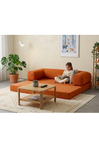 Herev 200x200 Cm 50 Dns Modüler Köşe Koltuk Fitilli Kadife Kumaş, Yatak Olabilen, Modern Tasarım Şark Köşe Turuncu