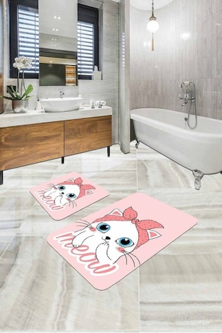 Pembe Kedi Desenli Banyo Halısı Klozet Paspas Seti Bs261n11