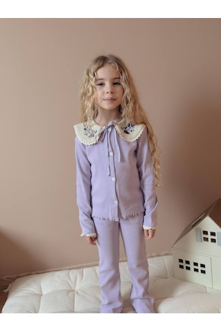 Miniko Kids Kız Çocuk Yaka Dantelli Fitilli Kaşkorse Bayramlık Taytlı Takım Lila