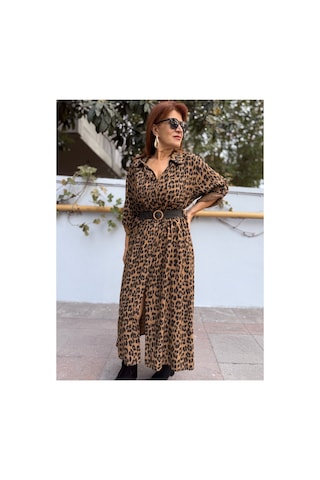 Denizege İtalyan Belmando Leopar Elbise Camel Camel