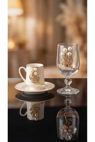 Çnr Home Collection Gold Metal Inci Çiçek Figürlü 12 Parça Bardak Fincan Seti Gold