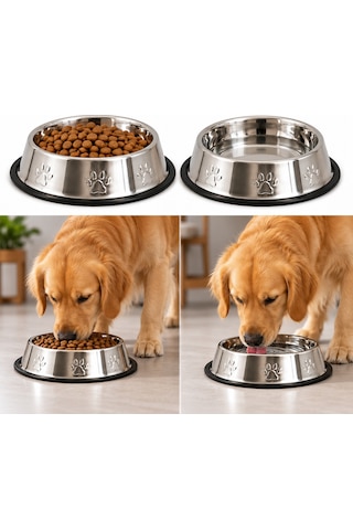 Köpekler İçin Pati Desenli Çelik Mama Su Kabı 33 Cm - 96 Oz - 3 Lt