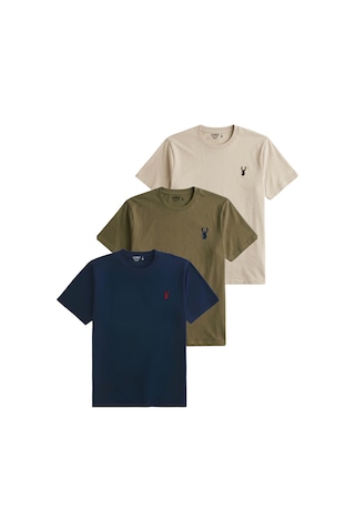Genius Store Erkek Siyah Tişört %100 Pamuk Süprem Basic Tişört Bisiklet Yaka Nakışlı T-shirt Erkek-3lü Lacivert-haki-bej