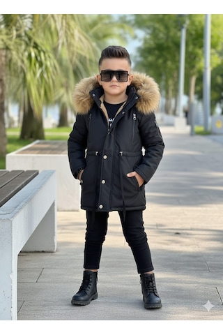 Modavals Erkek Çocuk Garson Beden İthal Tak Çıkar Kürklü Cepli Fermuarlı Düğmeli Bondit Kumaş Kışlık Mont-siyah 851247962 Çok Renkli