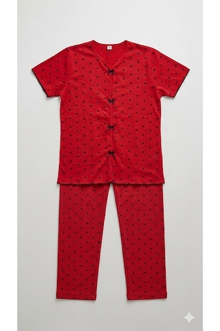 Sleeproom Yazlık Kırmızı Kalp Desenli Kısa Kol Penye %100 Pamuk Pijama Takım Kırmızı Siyah Kalp
