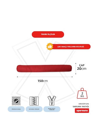 Xpermate Sarılma Yastığı Bacak Arası Yastığı Silindir 150cm Kırmı