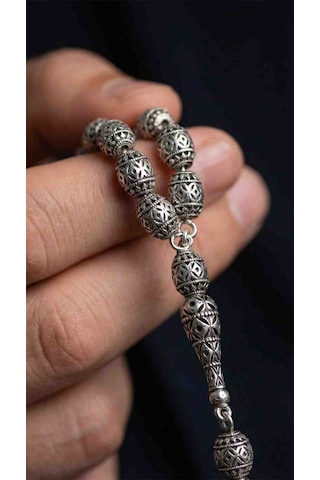 925 Ayar Oval Kesim 3 Kamçılı Püskül Orta Boy Karo Desen Otantik Gümüş Tesbih Rzt10027 Gümüş  - Siyah