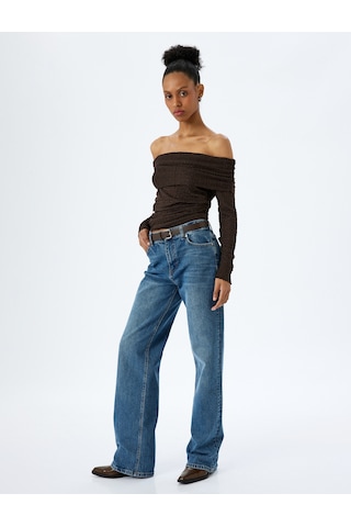 Koton Dantel Detaylı Uzun Kollu Omzu Açık Slim Fit Tişört Kahverengi 5wak50370ek Kahve