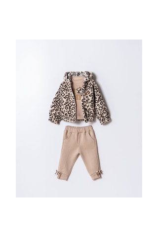 Bilge Trend Leopar Polar Montlu , Fiyonk Detaylı Kız Bebek 3 Parça Kışlık Takım