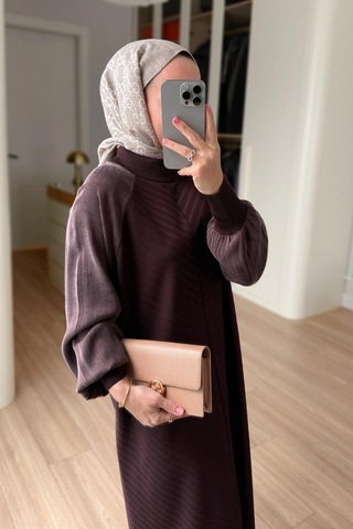 Kahijab Kendinden Desenli Yarım Balıkçı Merserize Elbise - Kahverengi