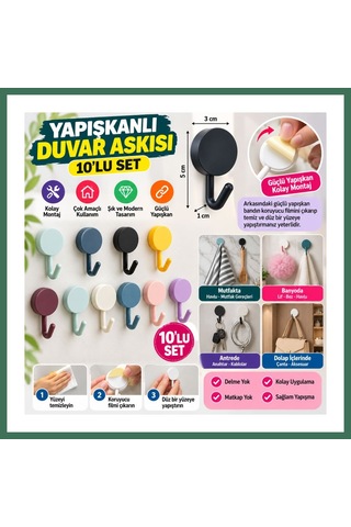 En-cag 10 Lu Plastik Kendinden Yapışkanlı Renkli Askı Seti Bss
